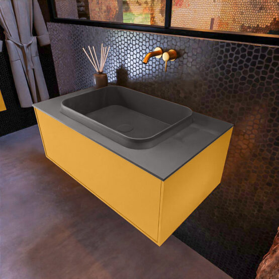 MONDIAZ ERIN 80cm mueble de baño color Ocher 1 cajón. Lavabo RIDGE Centro sin orificio color Dark Grey.