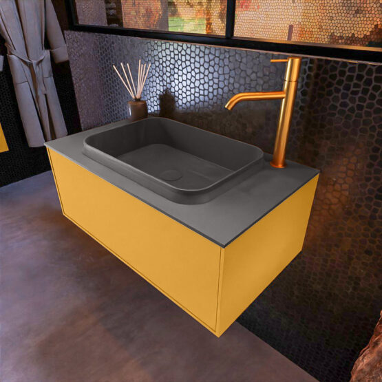 MONDIAZ ERIN 80cm mueble de baño color Ocher 1 cajón. Lavabo RIDGE Centro 1 orificio color Dark Grey.