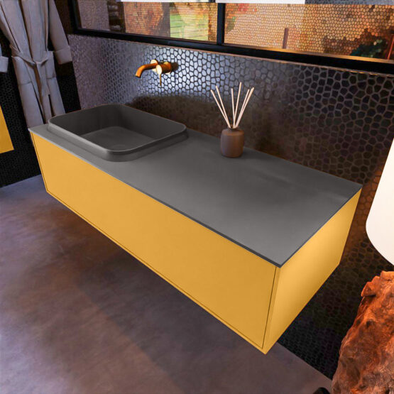 MONDIAZ ERIN 120cm mueble de baño color Ocher 1 cajón. Lavabo RIDGE Izquierda sin orificio color Dark Grey.