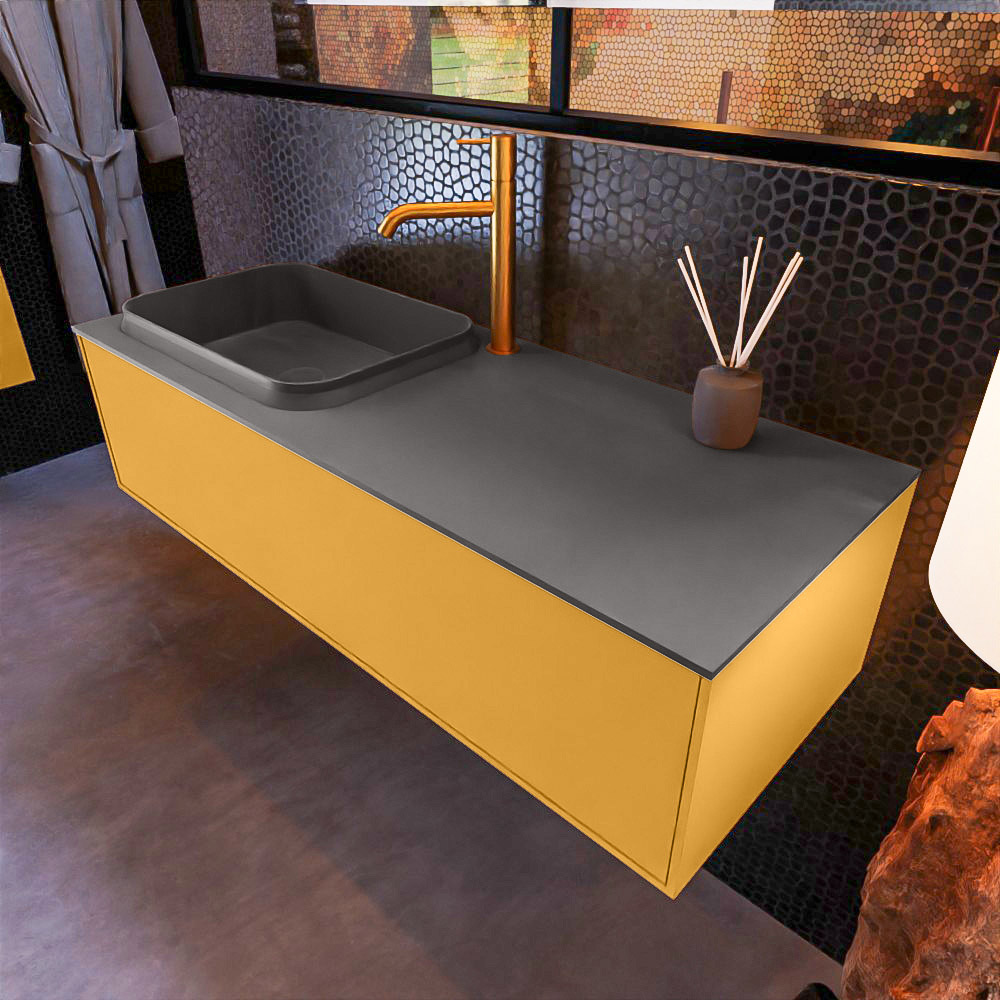 MONDIAZ ERIN 120cm mueble de baño color Ocher 1 cajón. Lavabo RIDGE Izquierda 1 orificio color Dark Grey. 1 MONDIAZ ERIN 120cm mueble de baño color Ocher 1 cajón. Lavabo RIDGE Izquierda 1 orificio color Dark Grey.