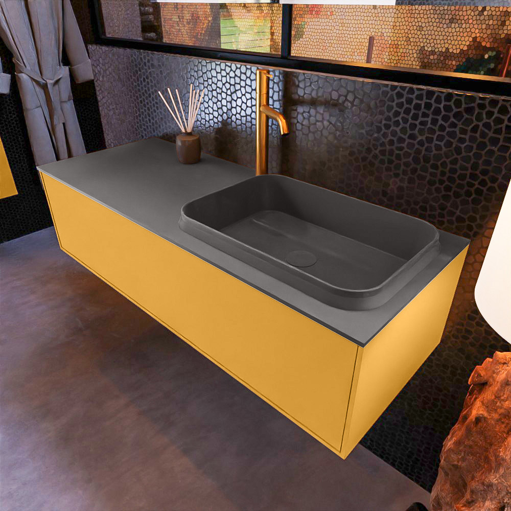 MONDIAZ ERIN 120cm mueble de baño color Ocher 1 cajón. Lavabo RIDGE Derecho 1 orificio color Dark Grey. 1 MONDIAZ ERIN 120cm mueble de baño color Ocher 1 cajón. Lavabo RIDGE Derecho 1 orificio color Dark Grey.