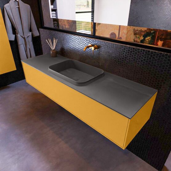 MONDIAZ ERIN 150cm mueble de baño color Ocher 1 cajón. Lavabo RIDGE Centro sin orificio color Dark Grey.