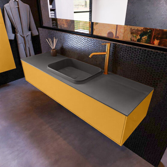 MONDIAZ ERIN 150cm mueble de baño color Ocher 1 cajón. Lavabo RIDGE Centro 1 orificio color Dark Grey.