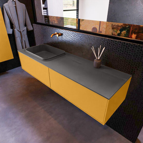 MONDIAZ ERIN 150cm mueble de baño color Ocher 2 cajones. Lavabo RIDGE Izquierda sin orificio color Dark Grey.
