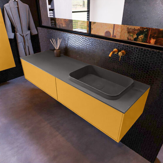 MONDIAZ ERIN 150cm mueble de baño color Ocher 2 cajones. Lavabo RIDGE Derecho sin orificio color Dark Grey.