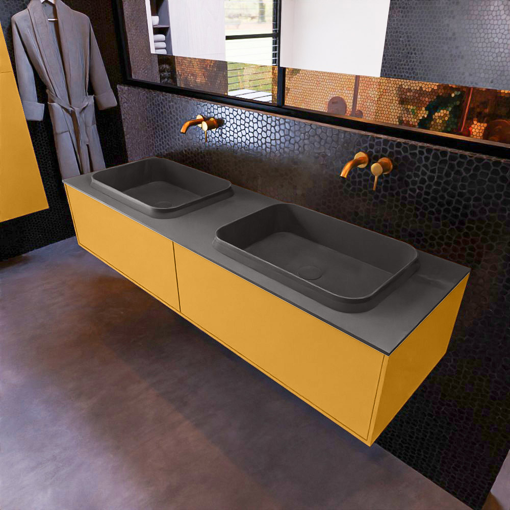 MONDIAZ ERIN 150cm mueble de baño color Ocher 2 cajones. Lavabo RIDGE Doble sin orificio color Dark Grey. 1 MONDIAZ ERIN 150cm mueble de baño color Ocher 2 cajones. Lavabo RIDGE Doble sin orificio color Dark Grey.
