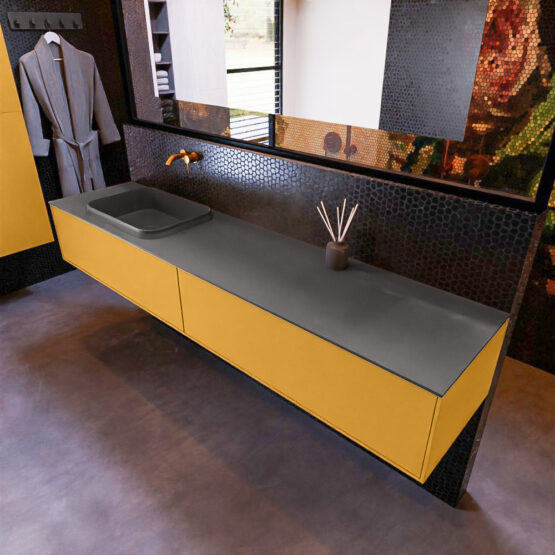 MONDIAZ ERIN 200cm mueble de baño color Ocher 2 cajones. Lavabo RIDGE Izquierda sin orificio color Dark Grey.