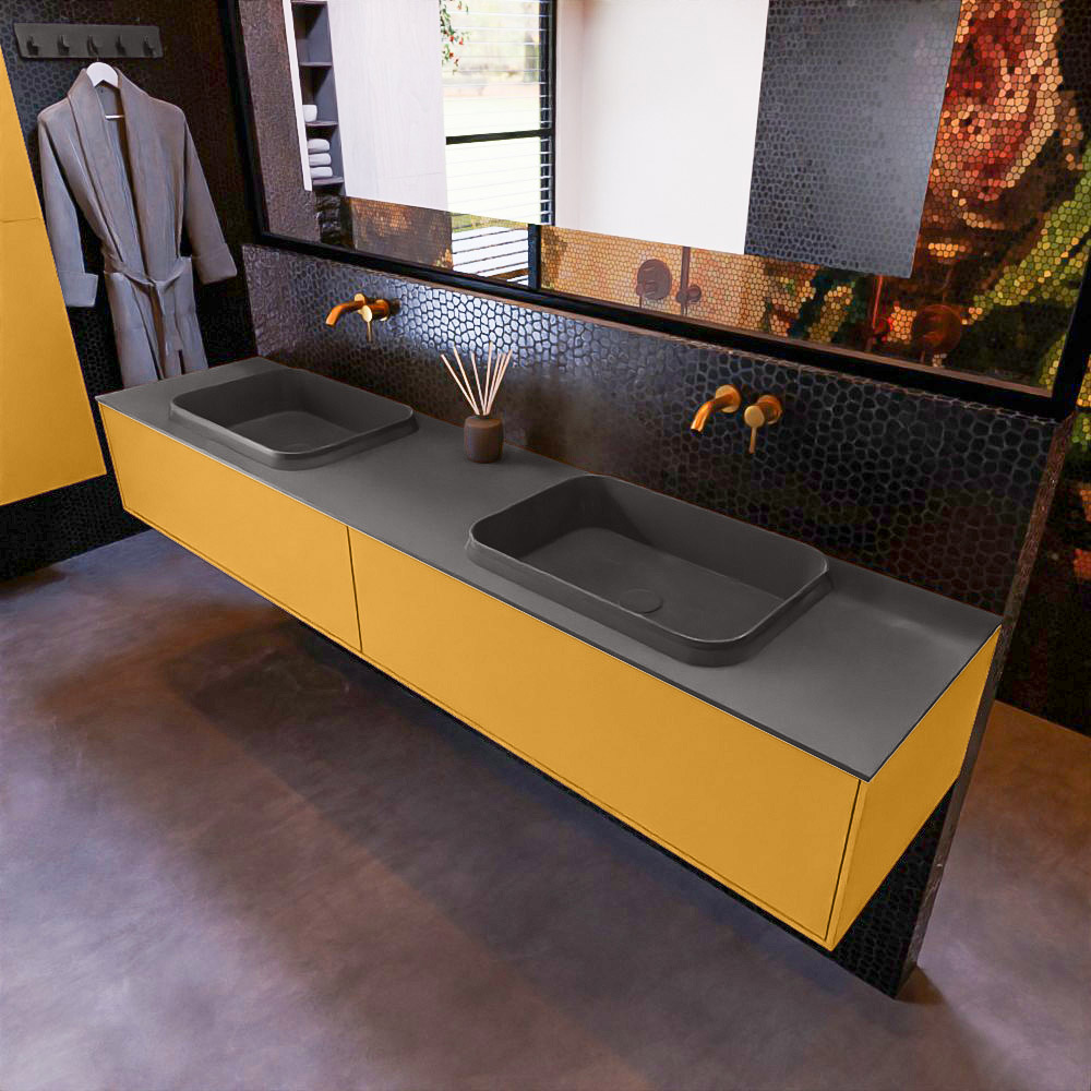 MONDIAZ ERIN 200cm mueble de baño color Ocher 2 cajones. Lavabo RIDGE Doble sin orificio color Dark Grey. 1 MONDIAZ ERIN 200cm mueble de baño color Ocher 2 cajones. Lavabo RIDGE Doble sin orificio color Dark Grey.