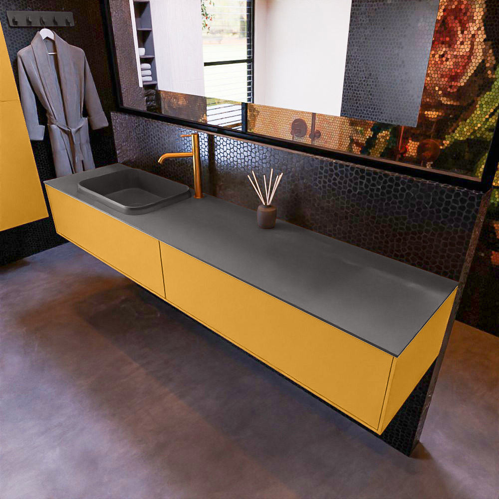 MONDIAZ ERIN 200cm mueble de baño color Ocher 2 cajones. Lavabo RIDGE Izquierda 1 orificio color Dark Grey. 1 MONDIAZ ERIN 200cm mueble de baño color Ocher 2 cajones. Lavabo RIDGE Izquierda 1 orificio color Dark Grey.