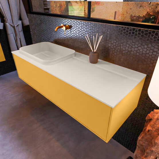 MONDIAZ ERIN 120cm mueble de baño color Ocher 1 cajón. Lavabo RIDGE Izquierda sin orificio color Linen.