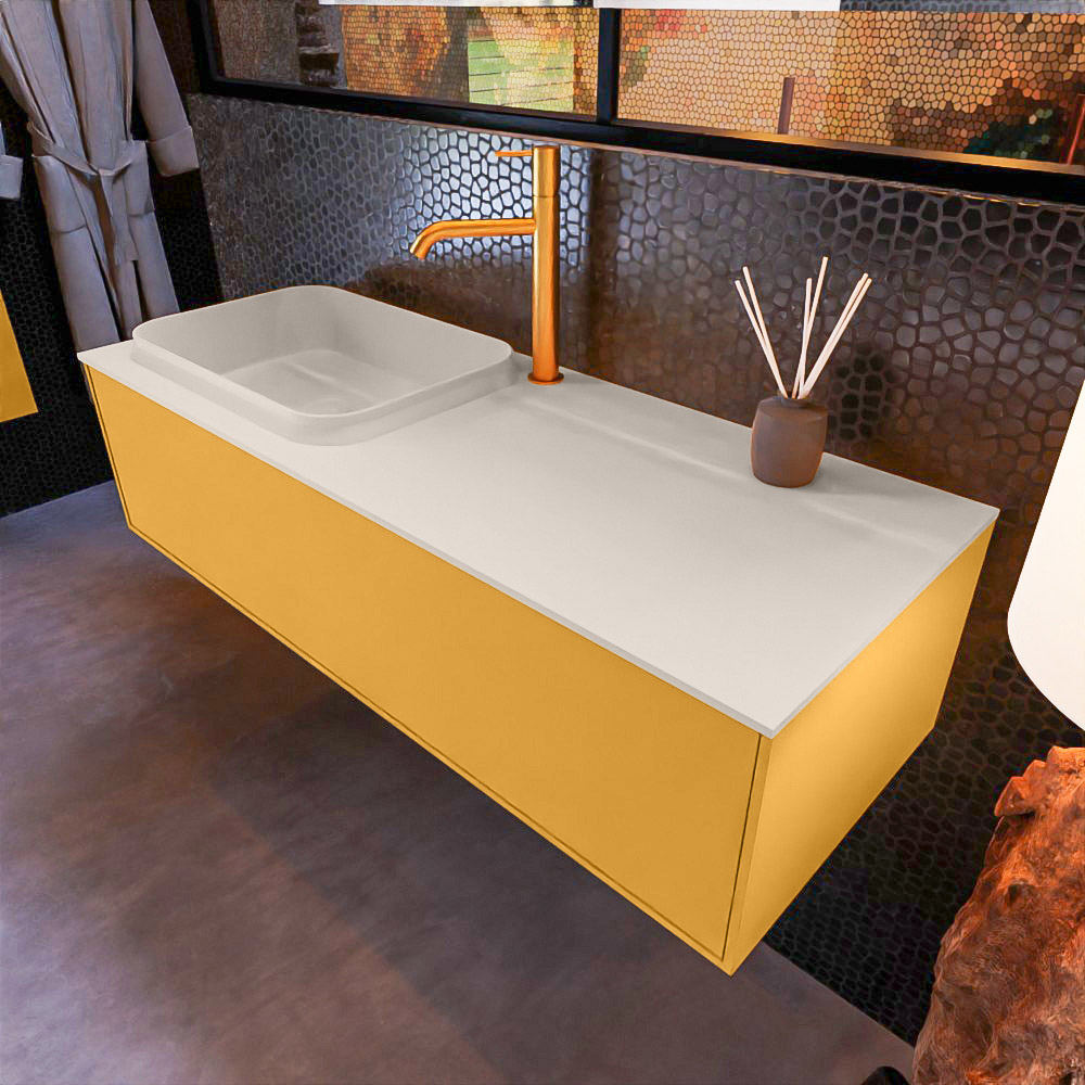 MONDIAZ ERIN 120cm mueble de baño color Ocher 1 cajón. Lavabo RIDGE Izquierda 1 orificio color Linen. 1 MONDIAZ ERIN 120cm mueble de baño color Ocher 1 cajón. Lavabo RIDGE Izquierda 1 orificio color Linen.