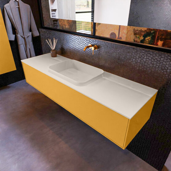 MONDIAZ ERIN 150cm mueble de baño color Ocher 1 cajón. Lavabo RIDGE Centro sin orificio color Linen.