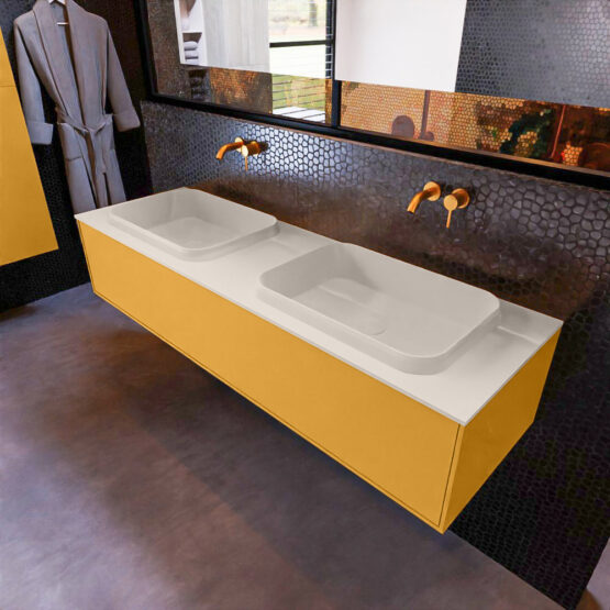 MONDIAZ ERIN 150cm mueble de baño color Ocher 1 cajón. Lavabo RIDGE Doble sin orificio color Linen.