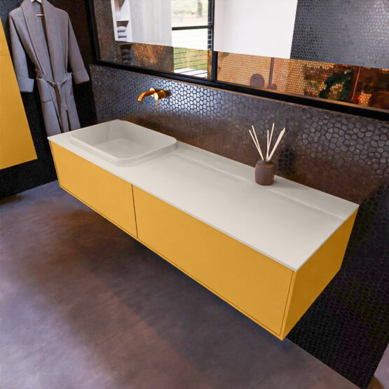 MONDIAZ ERIN 150cm mueble de baño color Ocher 2 cajones. Lavabo RIDGE Izquierda sin orificio color Linen.