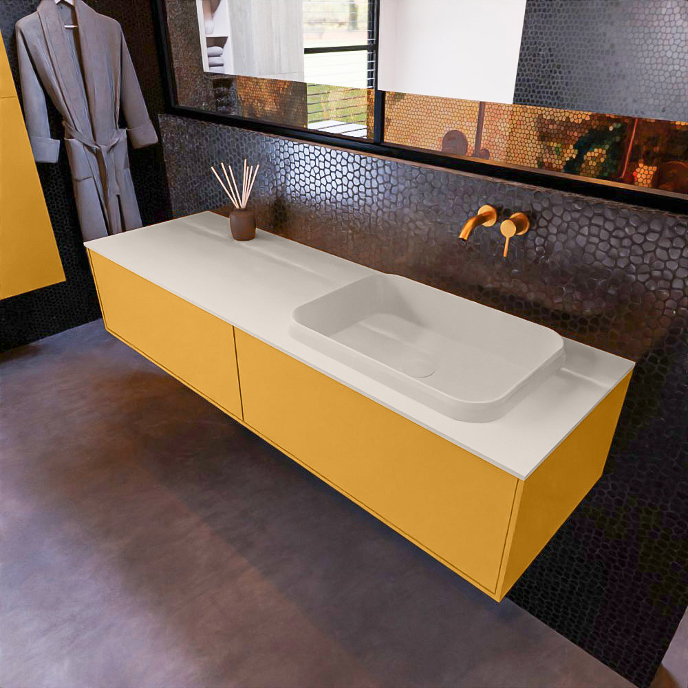 MONDIAZ ERIN 150cm mueble de baño color Ocher 2 cajones. Lavabo RIDGE Derecho sin orificio color Linen. 1 MONDIAZ ERIN 150cm mueble de baño color Ocher 2 cajones. Lavabo RIDGE Derecho sin orificio color Linen.