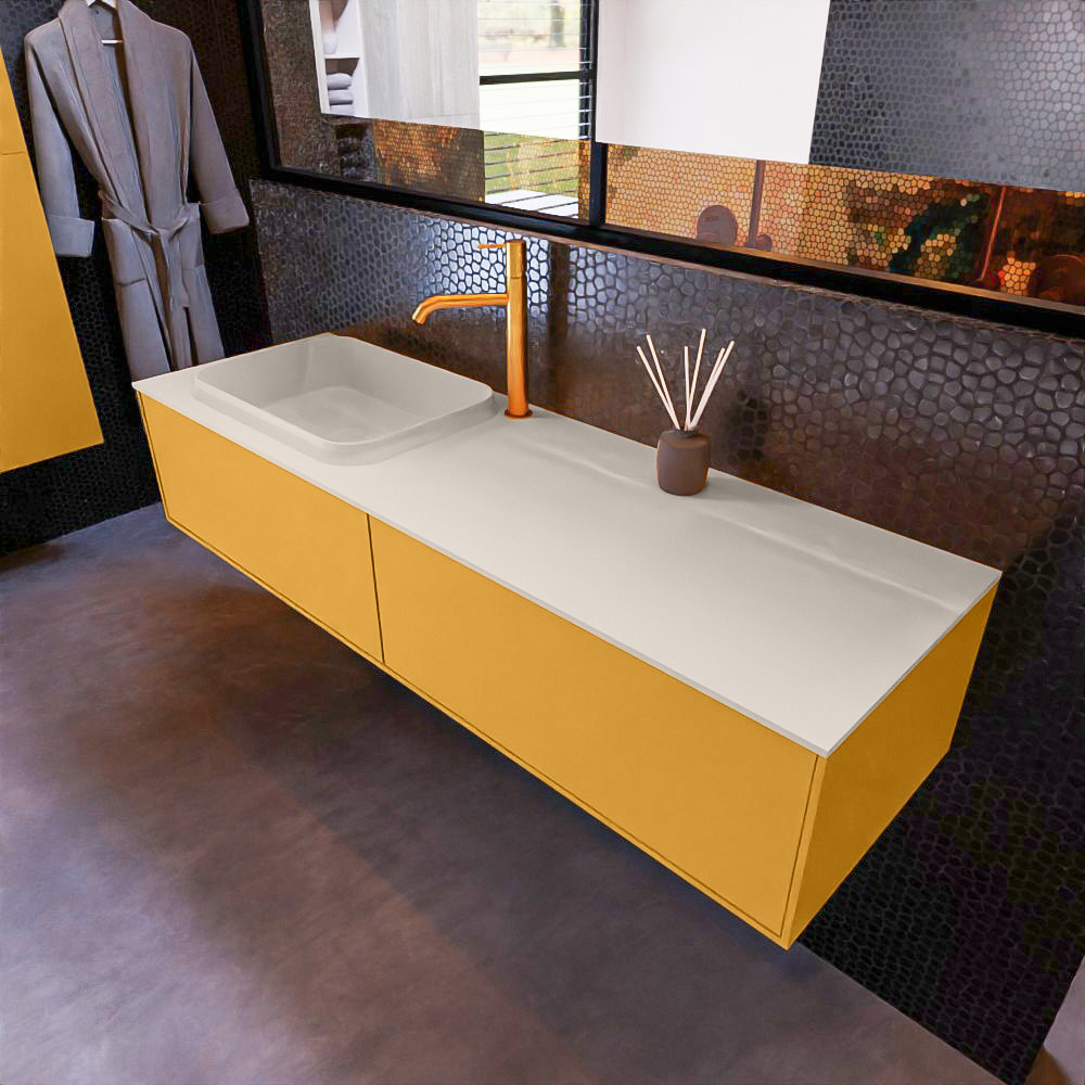 MONDIAZ ERIN 150cm mueble de baño color Ocher 2 cajones. Lavabo RIDGE Izquierda 1 orificio color Linen. 1 MONDIAZ ERIN 150cm mueble de baño color Ocher 2 cajones. Lavabo RIDGE Izquierda 1 orificio color Linen.