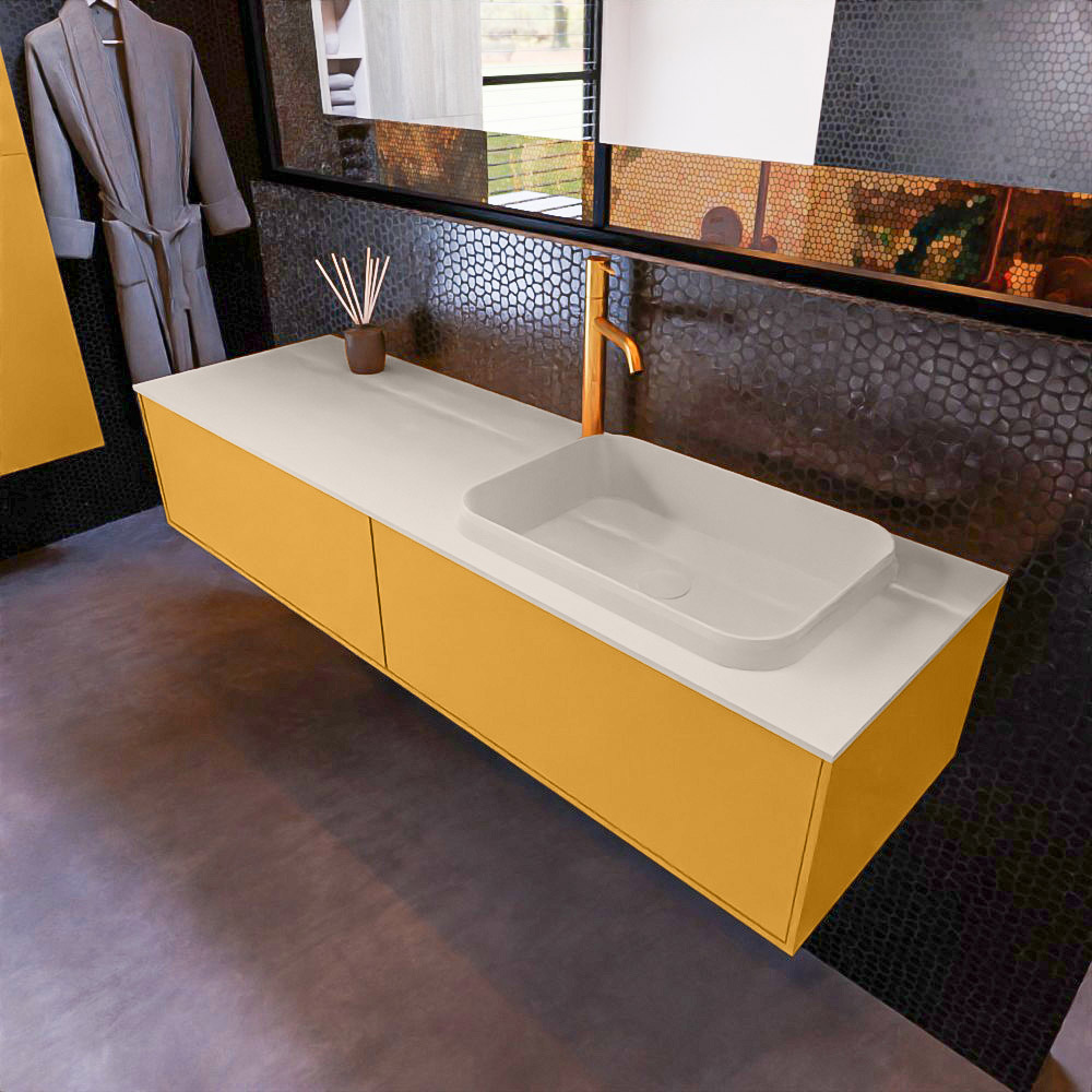 MONDIAZ ERIN 150cm mueble de baño color Ocher 2 cajones. Lavabo RIDGE Derecho 1 orificio color Linen. 1 MONDIAZ ERIN 150cm mueble de baño color Ocher 2 cajones. Lavabo RIDGE Derecho 1 orificio color Linen.