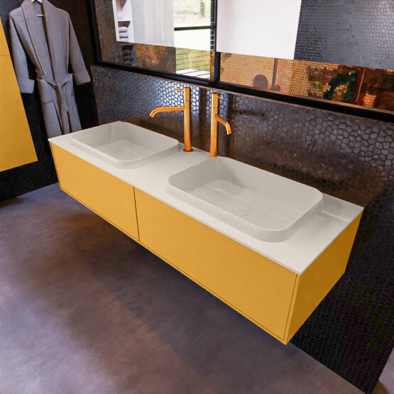 MONDIAZ ERIN 150cm mueble de baño color Ocher 2 cajones. Lavabo RIDGE Doble 2 orificios color Linen.