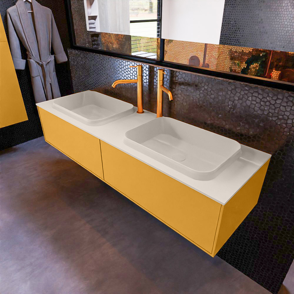 MONDIAZ ERIN 150cm mueble de baño color Ocher 2 cajones. Lavabo RIDGE Doble 2 orificios color Linen. 1 MONDIAZ ERIN 150cm mueble de baño color Ocher 2 cajones. Lavabo RIDGE Doble 2 orificios color Linen.