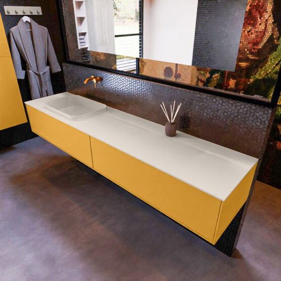 MONDIAZ ERIN 200cm mueble de baño color Ocher 2 cajones. Lavabo RIDGE Izquierda sin orificio color Linen.