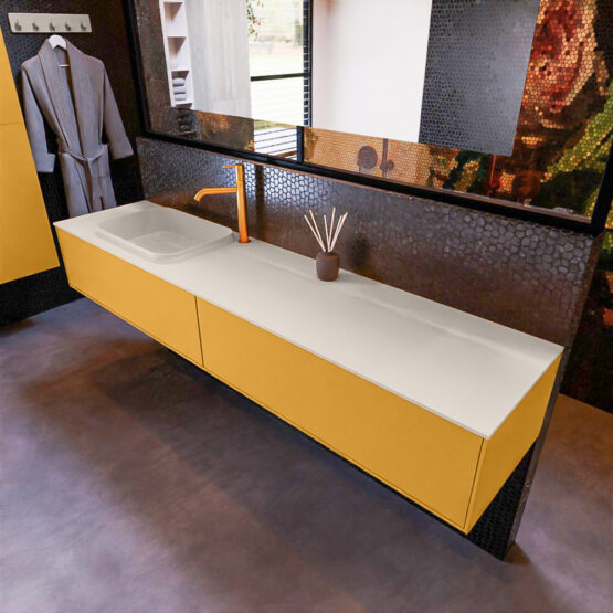 MONDIAZ ERIN 200cm mueble de baño color Ocher 2 cajones. Lavabo RIDGE Izquierda 1 orificio color Linen.