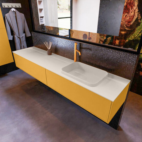 MONDIAZ ERIN 200cm mueble de baño color Ocher 2 cajones. Lavabo RIDGE Derecho 1 orificio color Linen.