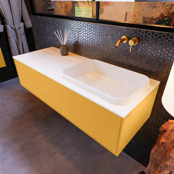 MONDIAZ ERIN 120cm mueble de baño color Ocher 1 cajón. Lavabo RIDGE Derecho sin orificio color Talc.