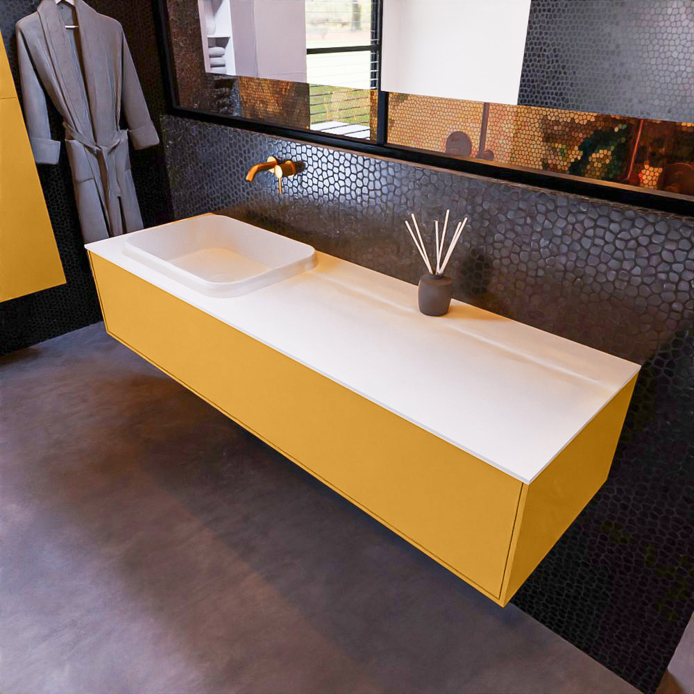 MONDIAZ ERIN 150cm mueble de baño color Ocher 1 cajón. Lavabo RIDGE Izquierda sin orificio color Talc. 1 MONDIAZ ERIN 150cm mueble de baño color Ocher 1 cajón. Lavabo RIDGE Izquierda sin orificio color Talc.