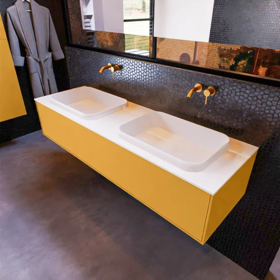 MONDIAZ ERIN 150cm mueble de baño color Ocher 1 cajón. Lavabo RIDGE Doble sin orificio color Talc.