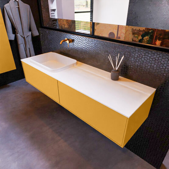 MONDIAZ ERIN 150cm mueble de baño color Ocher 2 cajones. Lavabo RIDGE Izquierda sin orificio color Talc.