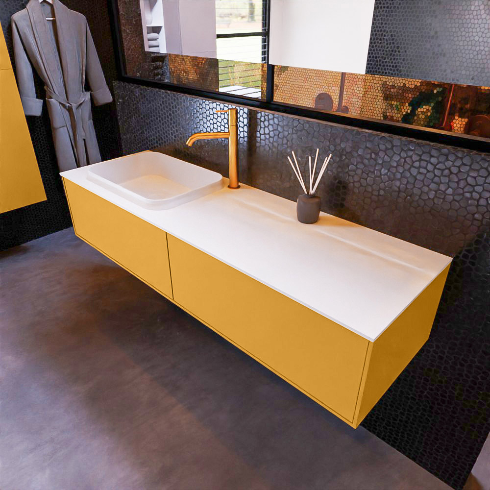 MONDIAZ ERIN 150cm mueble de baño color Ocher 2 cajones. Lavabo RIDGE Izquierda 1 orificio color Talc. 1 MONDIAZ ERIN 150cm mueble de baño color Ocher 2 cajones. Lavabo RIDGE Izquierda 1 orificio color Talc.
