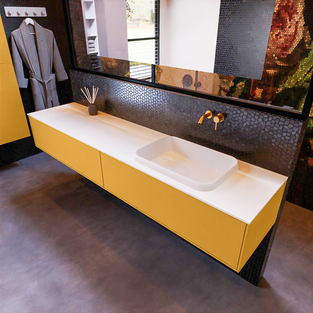 MONDIAZ ERIN 200cm mueble de baño color Ocher 2 cajones. Lavabo RIDGE Derecho sin orificio color Talc. 1 MONDIAZ ERIN 200cm mueble de baño color Ocher 2 cajones. Lavabo RIDGE Derecho sin orificio color Talc.