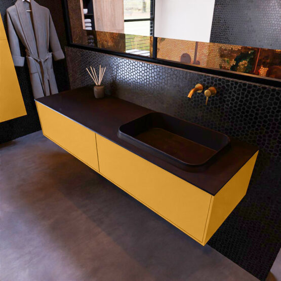 MONDIAZ ERIN 150cm mueble de baño color Ocher 2 cajones. Lavabo RIDGE Derecho sin orificio color Urban.