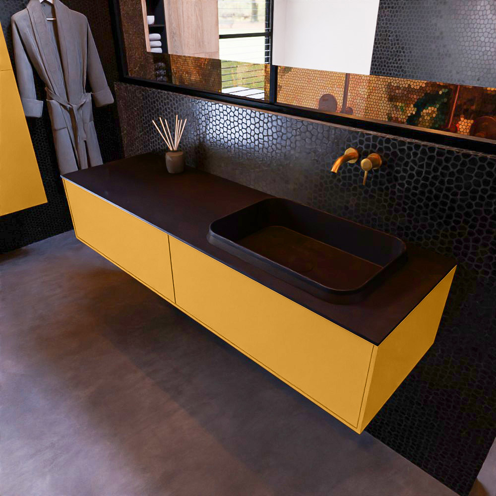 MONDIAZ ERIN 150cm mueble de baño color Ocher 2 cajones. Lavabo RIDGE Derecho sin orificio color Urban. 1 MONDIAZ ERIN 150cm mueble de baño color Ocher 2 cajones. Lavabo RIDGE Derecho sin orificio color Urban.