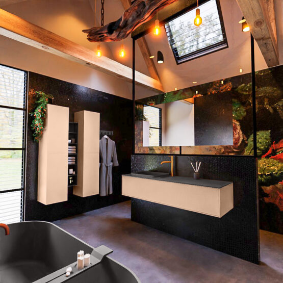 MONDIAZ ERIN 150cm mueble de baño color Rosee 1 cajón. Lavabo RIDGE Izquierda 1 orificio color Dark Grey.