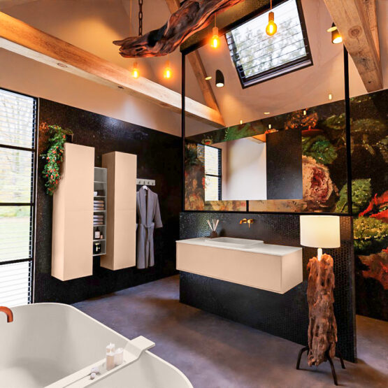 MONDIAZ ERIN 120cm mueble de baño color Rosee 1 cajón. Lavabo RIDGE Centro sin orificio color Linen.