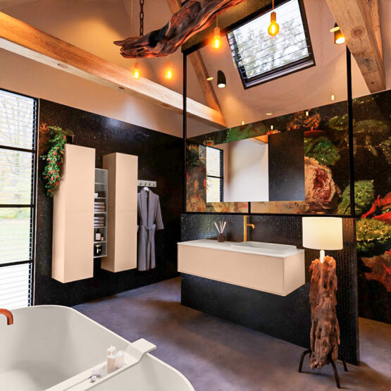 MONDIAZ ERIN 120cm mueble de baño color Rosee 1 cajón. Lavabo RIDGE Derecho 1 orificio color Linen.