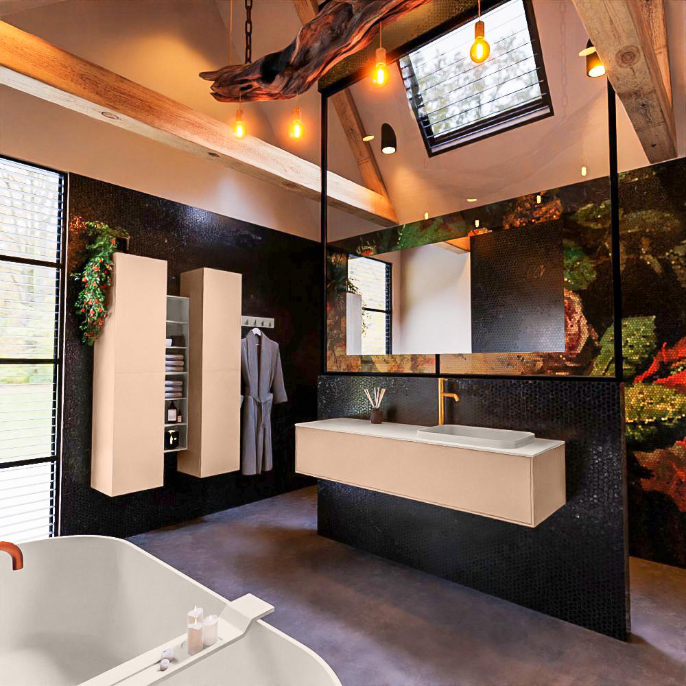 MONDIAZ ERIN 150cm mueble de baño color Rosee 1 cajón. Lavabo RIDGE Derecho 1 orificio color Linen. 1 MONDIAZ ERIN 150cm mueble de baño color Rosee 1 cajón. Lavabo RIDGE Derecho 1 orificio color Linen.