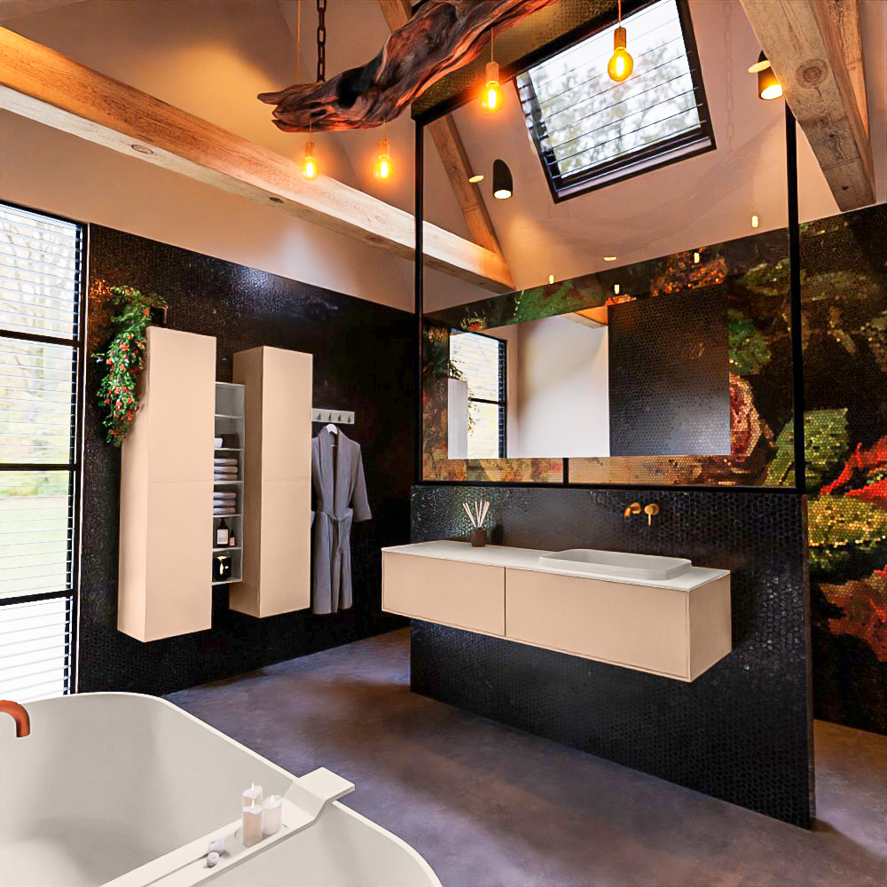 MONDIAZ ERIN 150cm mueble de baño color Rosee 2 cajones. Lavabo RIDGE Derecho sin orificio color Linen. 1 MONDIAZ ERIN 150cm mueble de baño color Rosee 2 cajones. Lavabo RIDGE Derecho sin orificio color Linen.