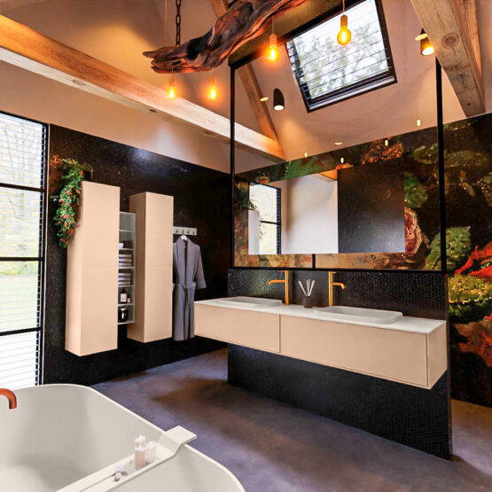 MONDIAZ ERIN 200cm mueble de baño color Rosee 2 cajones. Lavabo RIDGE Doble 2 orificios color Linen.
