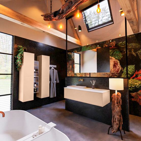 MONDIAZ ERIN 120cm mueble de baño color Rosee 1 cajón. Lavabo RIDGE Izquierda sin orificio color Talc.