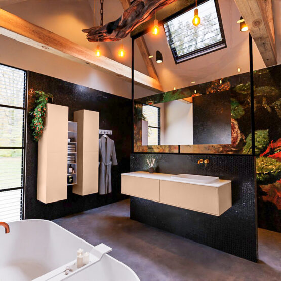 MONDIAZ ERIN 150cm mueble de baño color Rosee 2 cajones. Lavabo RIDGE Derecho sin orificio color Talc.