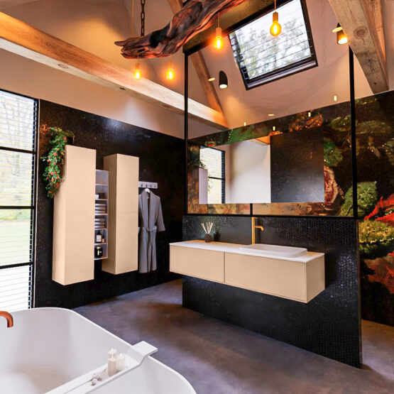 MONDIAZ ERIN 150cm mueble de baño color Rosee 2 cajones. Lavabo RIDGE Derecho 1 orificio color Talc.