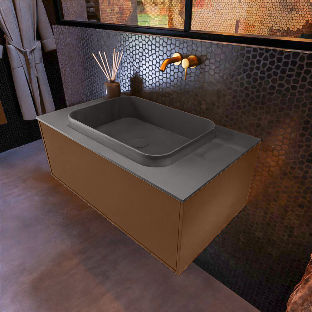 MONDIAZ ERIN 80cm mueble de baño color Rust 1 cajón. Lavabo RIDGE Centro sin orificio color Dark Grey. 1 MONDIAZ ERIN 80cm mueble de baño color Rust 1 cajón. Lavabo RIDGE Centro sin orificio color Dark Grey.