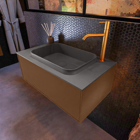 MONDIAZ ERIN 80cm mueble de baño color Rust 1 cajón. Lavabo RIDGE Centro 1 orificio color Dark Grey.