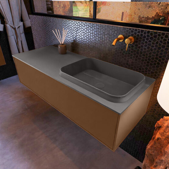 MONDIAZ ERIN 120cm mueble de baño color Rust 1 cajón. Lavabo RIDGE Derecho sin orificio color Dark Grey.