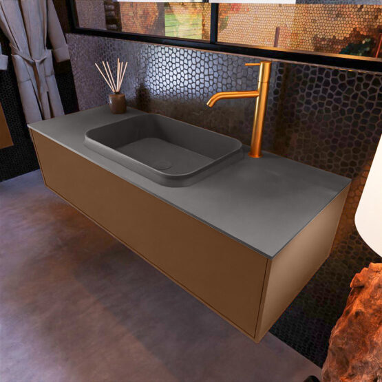 MONDIAZ ERIN 120cm mueble de baño color Rust 1 cajón. Lavabo RIDGE Centro 1 orificio color Dark Grey.