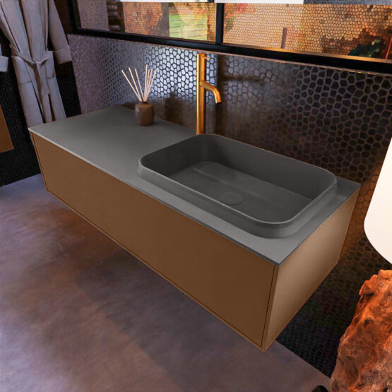 MONDIAZ ERIN 120cm mueble de baño color Rust 1 cajón. Lavabo RIDGE Derecho 1 orificio color Dark Grey.