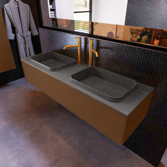 MONDIAZ ERIN 150cm mueble de baño color Rust 1 cajón. Lavabo RIDGE Doble 2 orificios color Dark Grey.
