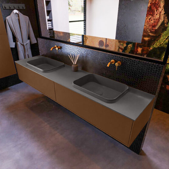 MONDIAZ ERIN 200cm mueble de baño color Rust 2 cajones. Lavabo RIDGE Doble sin orificio color Dark Grey.
